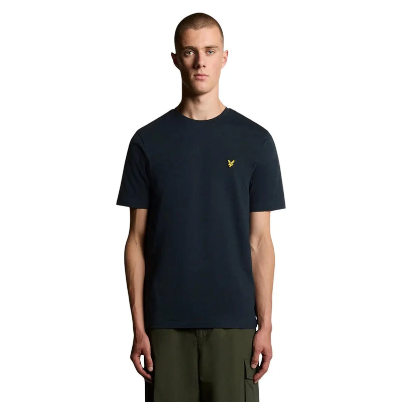 Lyle & Scott Herren-T-Shirt aus blauer Baumwolle mit kurzen Ärmeln und kleinem gelben Vogellogo auf der linken Brust