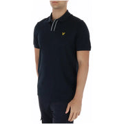 Marineblaues Kurzarm-Poloshirt aus Baumwolle von Lyle and Scott mit weißem Kragenbesatz und gelbem Vogellogo auf der Brust