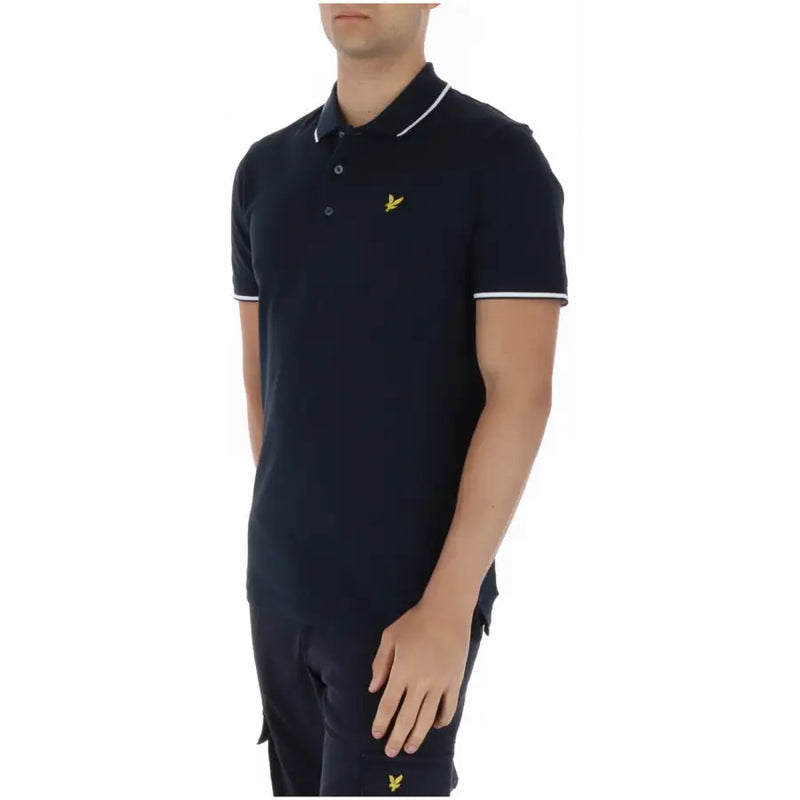 Marineblaues Lyle & Scott Herren-Poloshirt aus Baumwolle mit kurzen Ärmeln, weißem Besatz und gelbem Vogellogo auf der Vorderseite