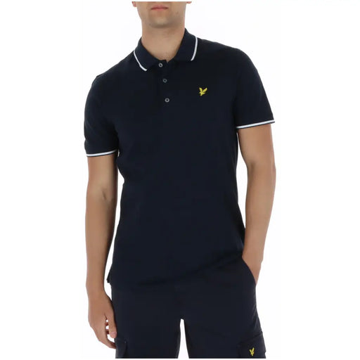 Marineblaues Lyle & Scott Herren-Poloshirt aus Baumwolle mit kurzen Ärmeln, weißem Besatz und gelbem Vogellogo auf der Brust