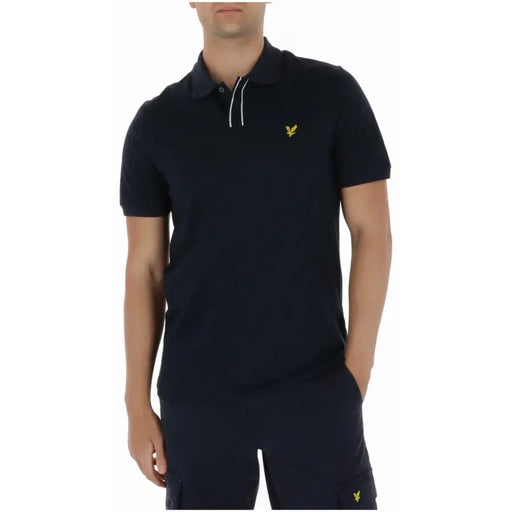 Lyle & Scott Herren-Poloshirt aus blauer Baumwolle mit kurzen Ärmeln, gelbem Vogellogo und weißer Paspelierung am Kragen