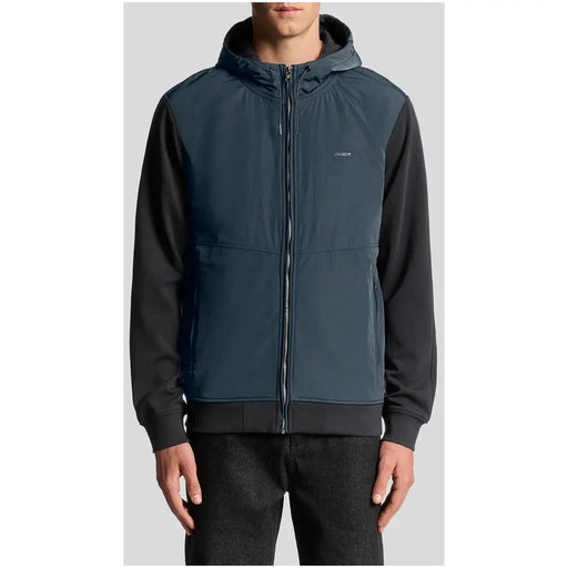 Lyle and Scott men blue zip hooded sweatshirt in dark teal and black with subtle chest logo and two-tone design
