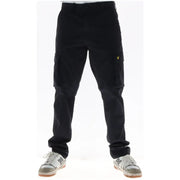 Braune Herren-Baumwollhose von Lyle & Scott mit schwarzem Cargohosen-Design und gelbem Vogellogo auf der Oberschenkeltasche