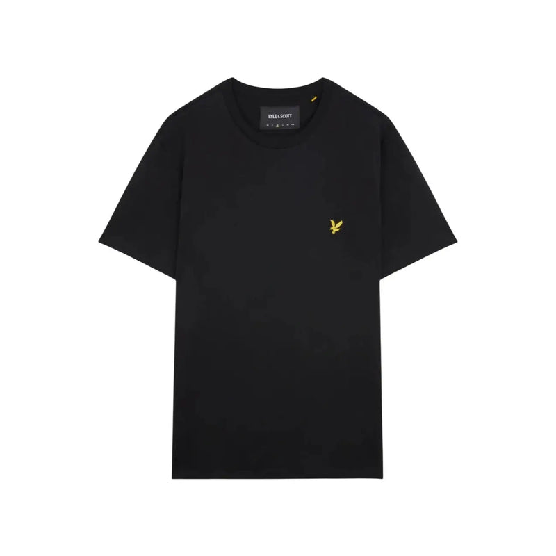 Schwarzes Herren-T-Shirt von Lyle & Scott aus Baumwolle mit kurzen Ärmeln und einem goldgestickten Vogellogo auf der linken Brust.