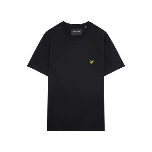 Schwarzes Herren-T-Shirt von Lyle & Scott aus Baumwolle mit kurzen Ärmeln und einem goldgestickten Vogellogo auf der linken Brust.