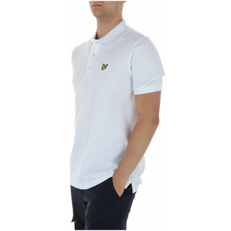 Lyle Scott Herren-Poloshirt, weiß, Kurzarm, aus Baumwoll-Elastan mit gelbem Vogel-Logo auf der Brust