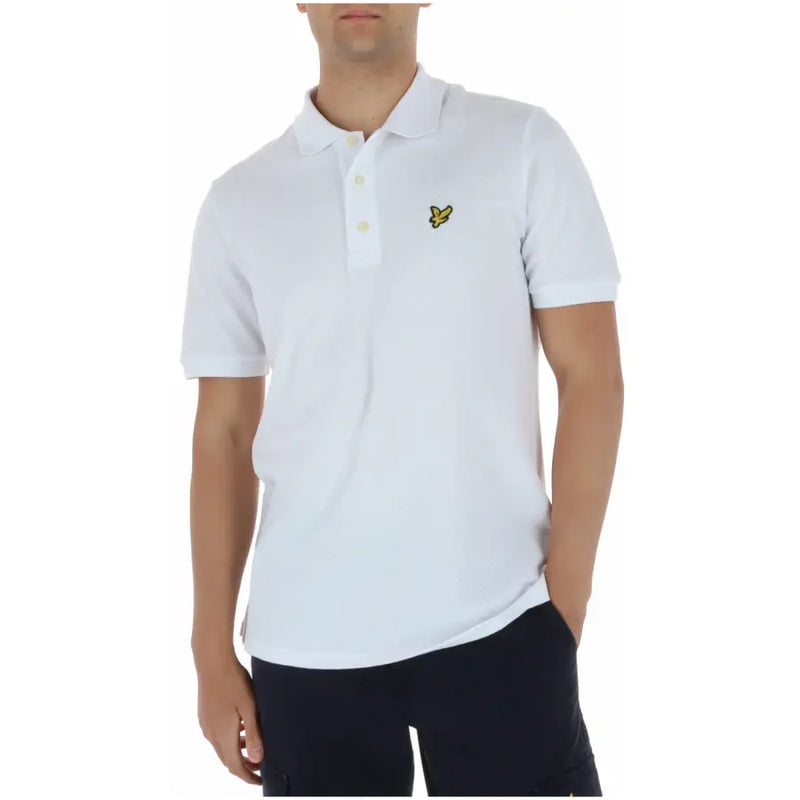 Lyle Scott Herren-Poloshirt, weiß, Kurzarm, aus Baumwoll-Elastan mit gelbem Vogel-Logo auf der Brust