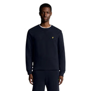 Marineblaues Baumwoll-Sweatshirt mit Rundhalsausschnitt, weißem Rippstrickkragen und kleinem gelben Vogellogo von Lyle and Scott