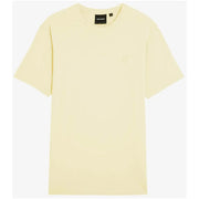Lyle & Scott men t-shirt pale yellow minimalist crew neck with subtle embroidered logo and black brand tag at neckline