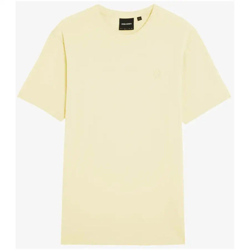 Lyle & Scott Männer t-shirt Hellgelber, minimalistischer Rundhalsausschnitt mit dezentem, gesticktem Logo und schwarzem Markenetikett am Halsausschnitt.