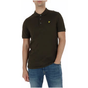 Lyle & Scott men’s dark olive green short-sleeved polo shirt with yellow bird logo on the chest