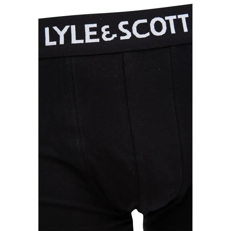 Lyle and Scott men’s black boxer briefs with ribbed waistband featuring white brand name lettering