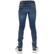 Back view of Lyle and Scott men’s slim fit dark blue denim jeans with worn out effect and black waistband label