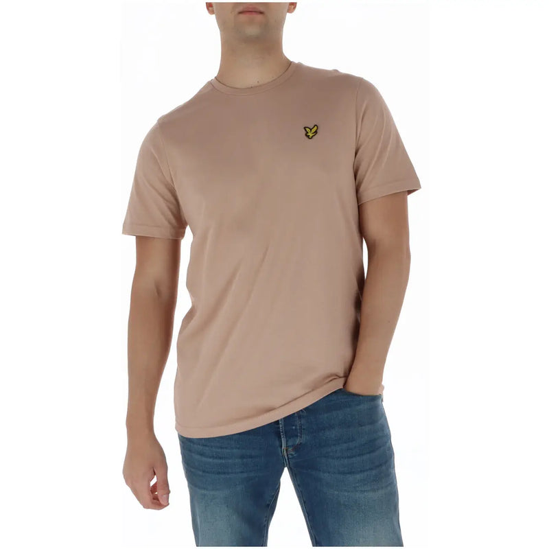 Lyle & Scott men’s beige short-sleeved t-shirt with yellow embroidered bird logo on left chest in cotton fabric