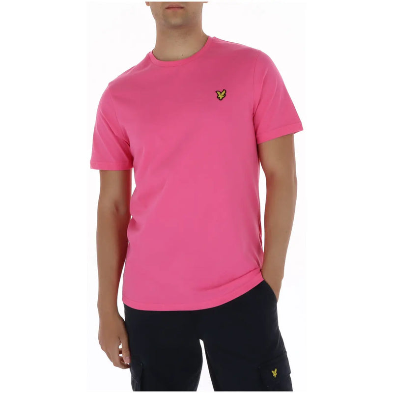 Lyle and scott men’s bright pink short-sleeved t-shirt with yellow bird logo on left chest for casual wear