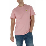 Pink short-sleeved t-shirt with a small yellow embroidered bird logo on the left chest by Lyle & Scott