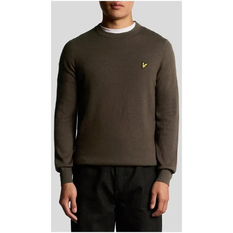 Olive green crew neck sweater with yellow logo, lyle & scott brand.