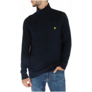 Lyle & Scott men’s navy blue turtleneck sweater featuring a small yellow embroidered bird logo on the chest