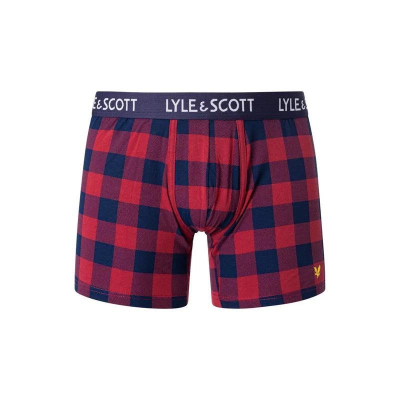 Lyle & Scott Herren-Baumwollunterwäsche, rot-marineblau karierte Boxershorts mit Markenbund, Vorderansicht