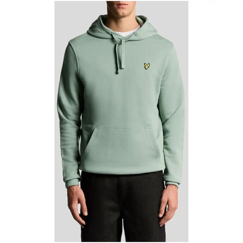 Men’s light green pullover hoodie with kangaroo pocket and yellow embroidered logo