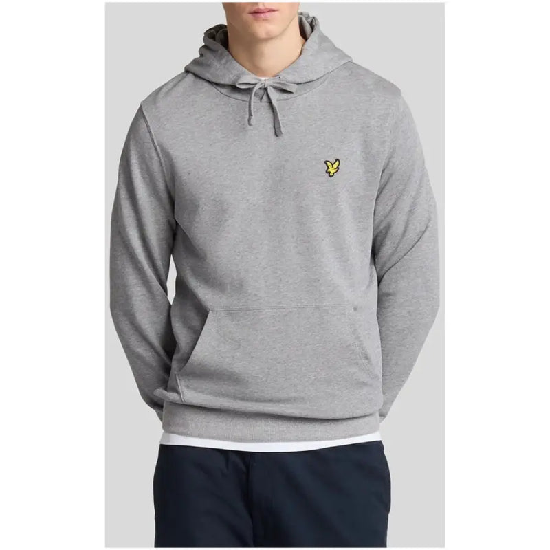 Men’s gray hooded sweatshirt with front pouch pocket and yellow bird logo