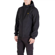 Lyle & Scott Schwarze Softshelljacke für Herren mit goldenem Vogellogo auf der linken Brust, Vorderansicht