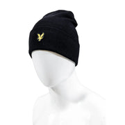 Lyle & Scott Schwarze Wollmütze für Herren mit goldgesticktem Vogellogo, Vorderansicht