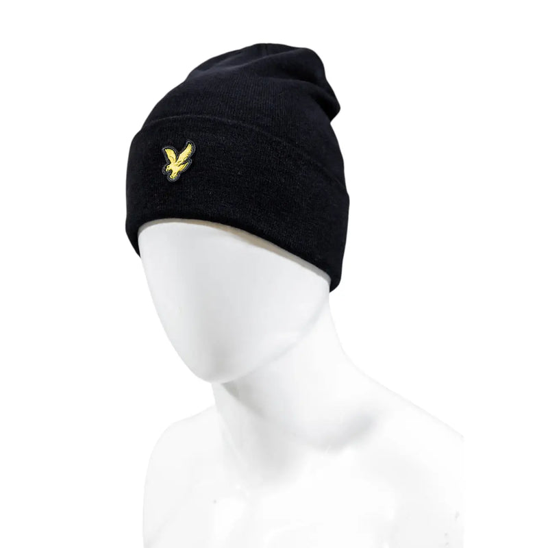 Lyle & Scott Schwarze Wollmütze für Herren mit goldgesticktem Vogellogo, Vorderansicht
