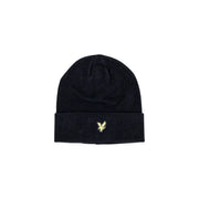 Lyle & Scott Schwarze Wollmütze für Herren mit umgeschlagenem Rand und goldgesticktem Vogellogo, Vorderansicht