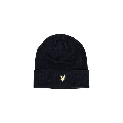 Lyle & Scott Schwarze Wollmütze für Herren mit umgeschlagenem Rand und goldgesticktem Vogellogo, Vorderansicht