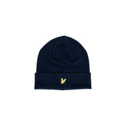 Lyle & Scott Wollmütze für Herren in Marineblau mit umgeschlagenem Rand und goldgesticktem Vogellogo, Vorderansicht
