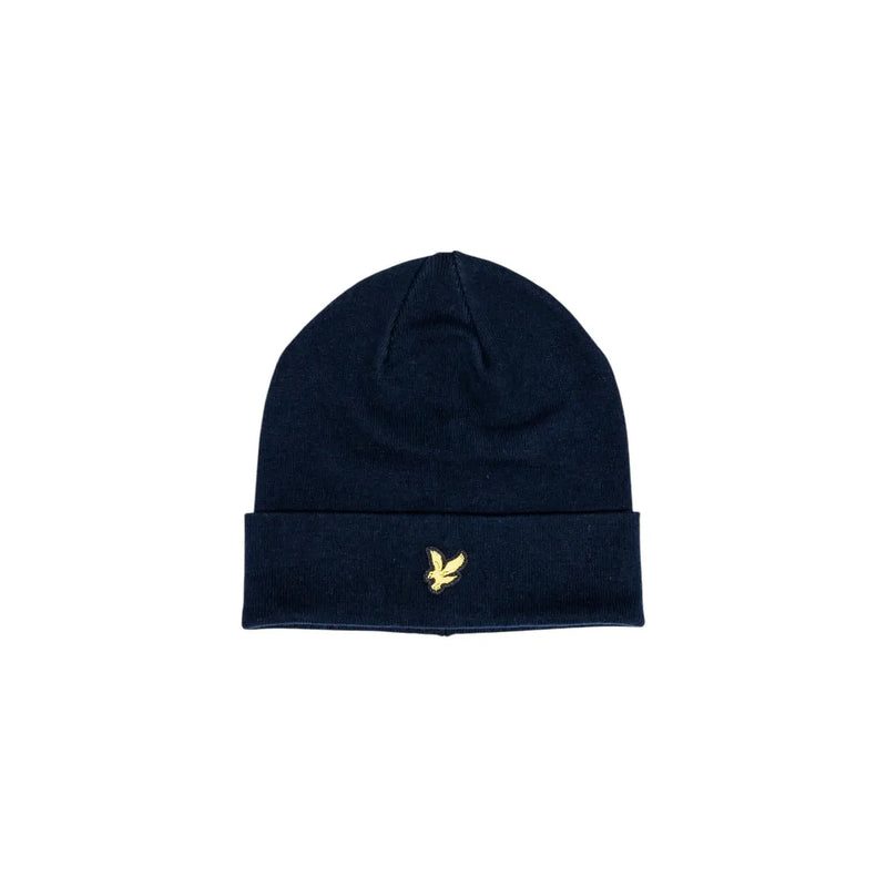 Lyle & Scott Wollmütze für Herren in Marineblau mit umgeschlagenem Rand und goldgesticktem Vogellogo, Vorderansicht