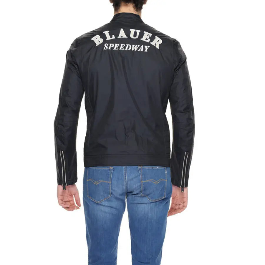 Man in urban style clothing, Blauer Men Blazer with ’bad’ on black jacket, urban city fashion