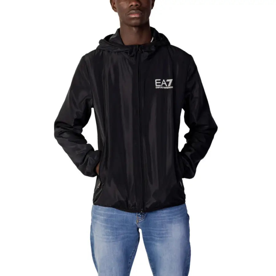 
                      
                        Ea7 Men Jacket - Man wearing black EA7 logo jacket
                      
                    
