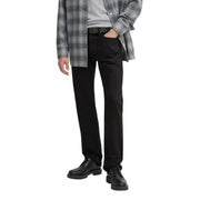 Man wearing black jeans and dress shoes showcasing Mens Black Straight Leg Trousers