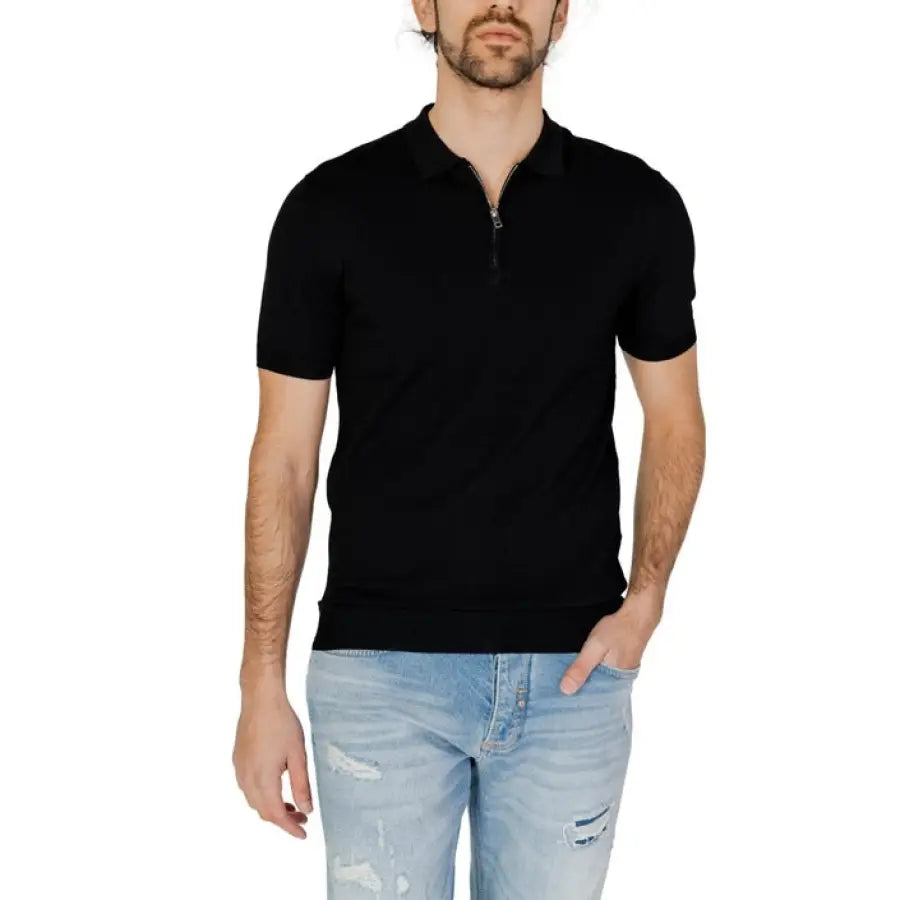 Antony Morato men t-shirt modeled by man in black polo and jeans