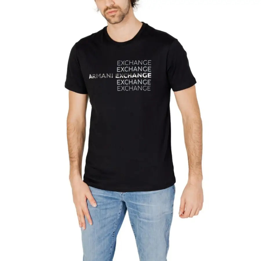 Armani Exchange Men T-Shirt with black shirt and white print on model