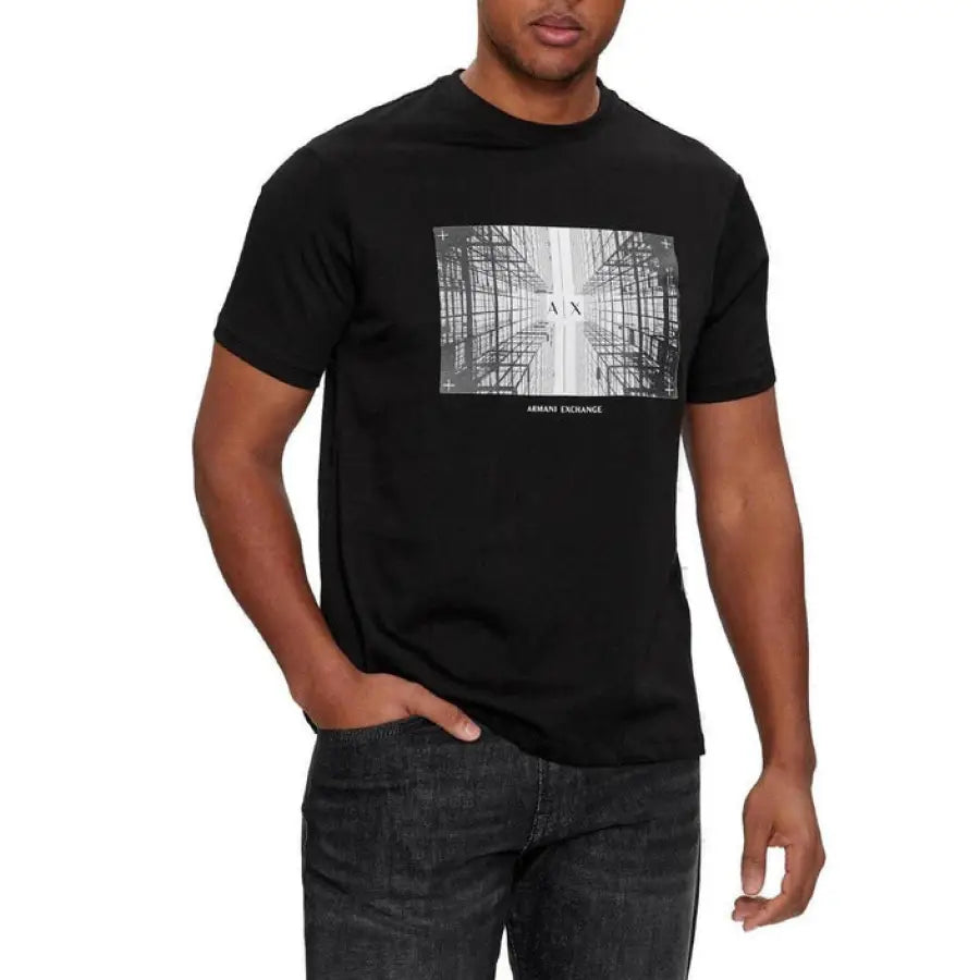 
                      
                        Armani Exchange men t-shirt featuring man in woods design in black and white
                      
                    