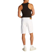 Man wearing black tank top and white denim shorts for Men’s Black Tank Top and White Denim Shorts product