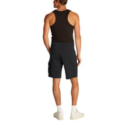 Man wearing black tank top and cargo shorts, ideal for men’s casual wear