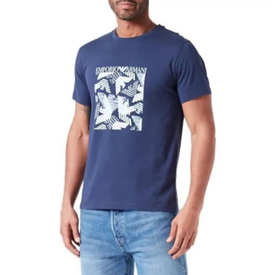 
                      
                        Emporio Armani underwear blue t-shirt featuring man’s portrait on the front
                      
                    