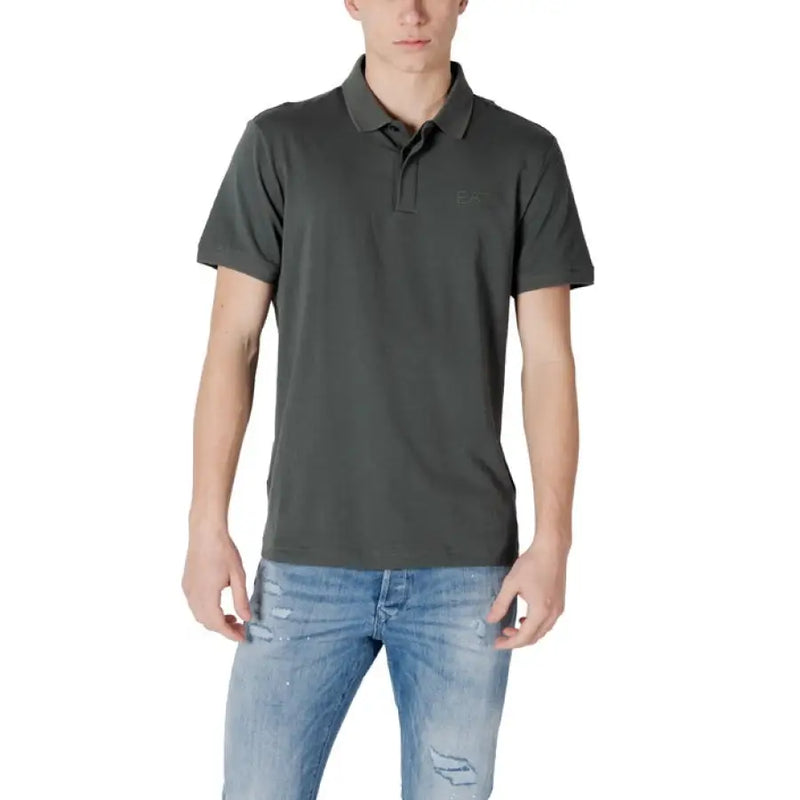 Man wearing gray polo shirt and blue jeans promoting Ea7 Men’s Beige Polo in Cotton Blend