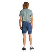 Man wearing a green T-shirt and blue denim shorts for Mens Green T-Shirt and Blue Denim Shorts product