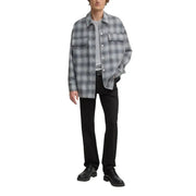 Man wearing a plaid shirt jacket showcasing Mens Black Straight Leg Trousers