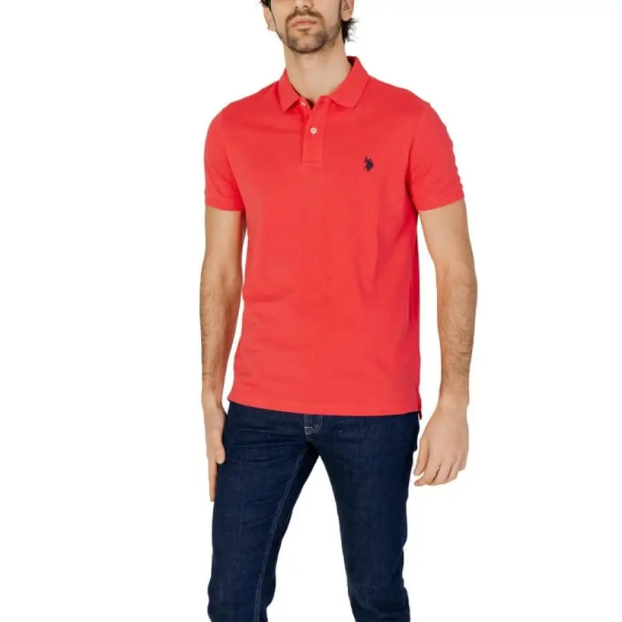 
                      
                        Man wearing U.S. Polo Assn. men polo shirt in red, apparel accessories
                      
                    