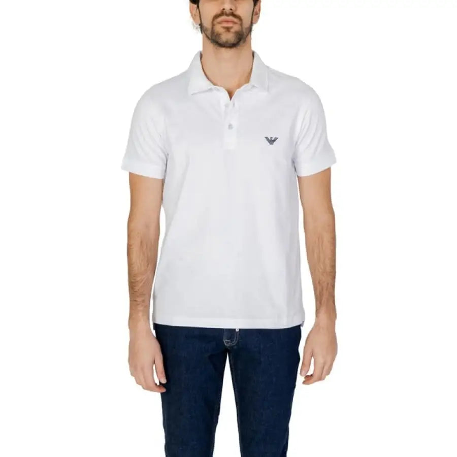 
                      
                        Man in white Emporio Armani Underwear polo shirt.
                      
                    