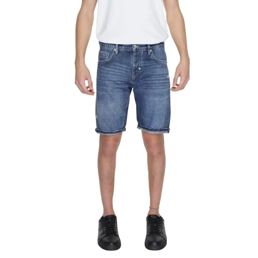 Antony Morato men shorts in urban style clothing on a man with denim shorts, city fashion