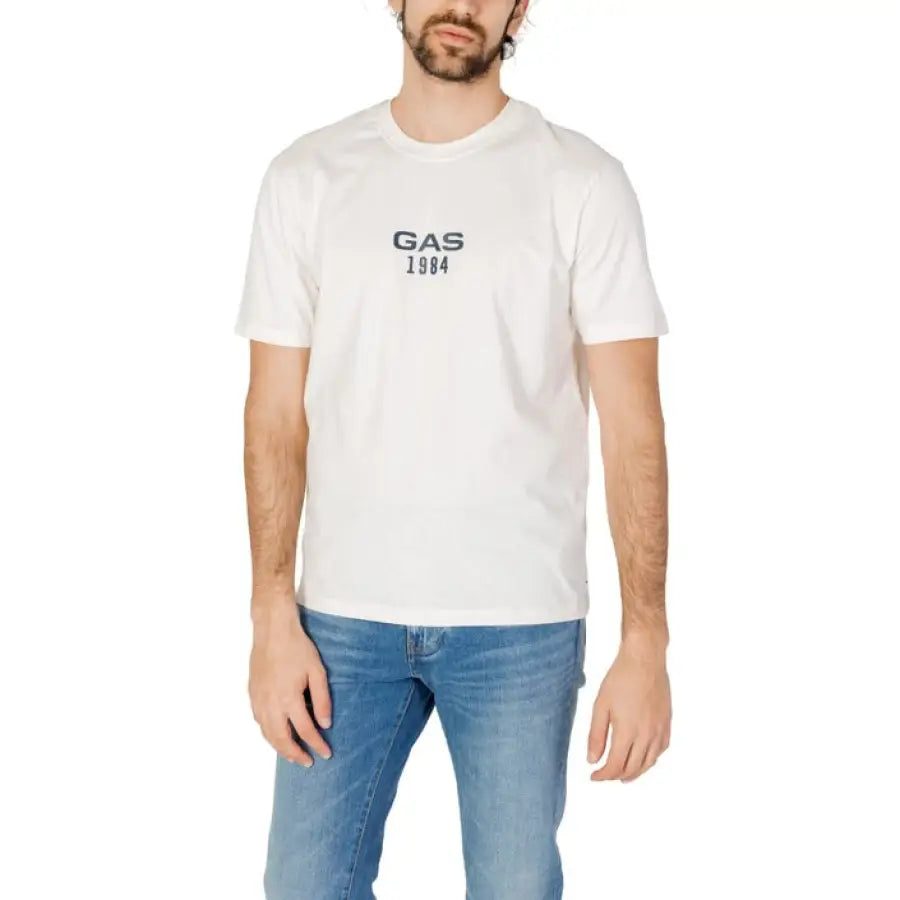 Man in Gas Gas Men T-Shirt showcasing GAS logo on white shirt