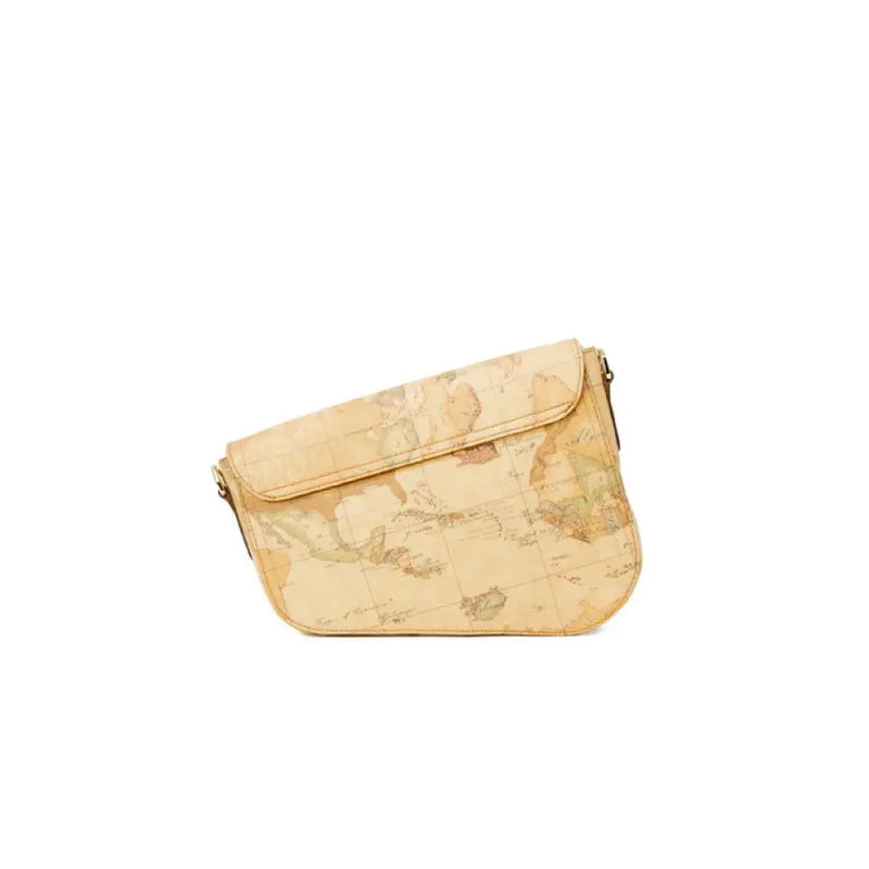 Map-patterned clutch purse with a beige background and brown strap for easy carrying