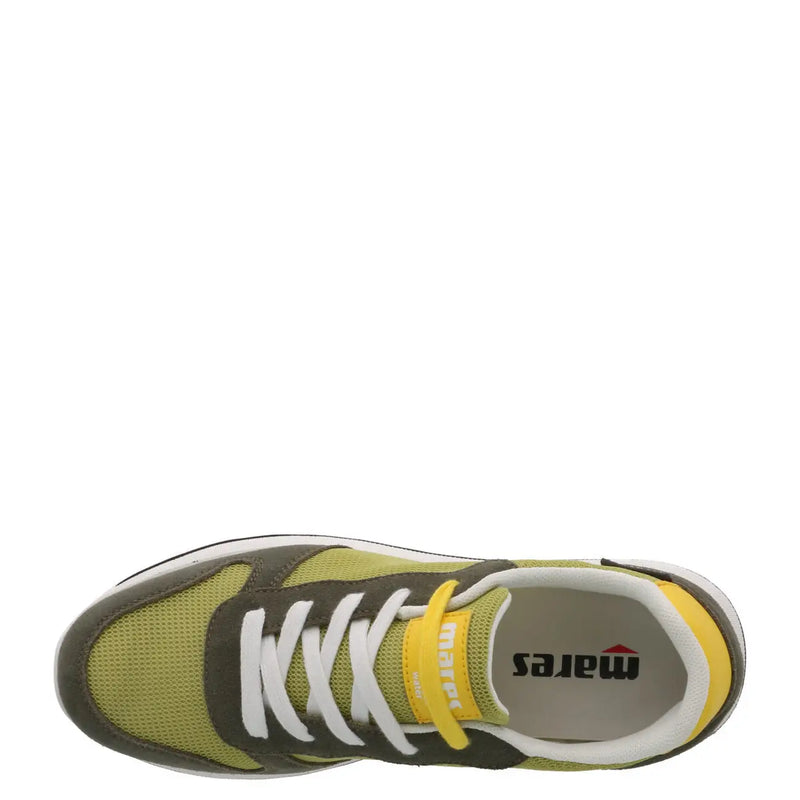 Mares men green slip-on sporty sneakers in olive green and dark gray mesh with yellow accents and white laces